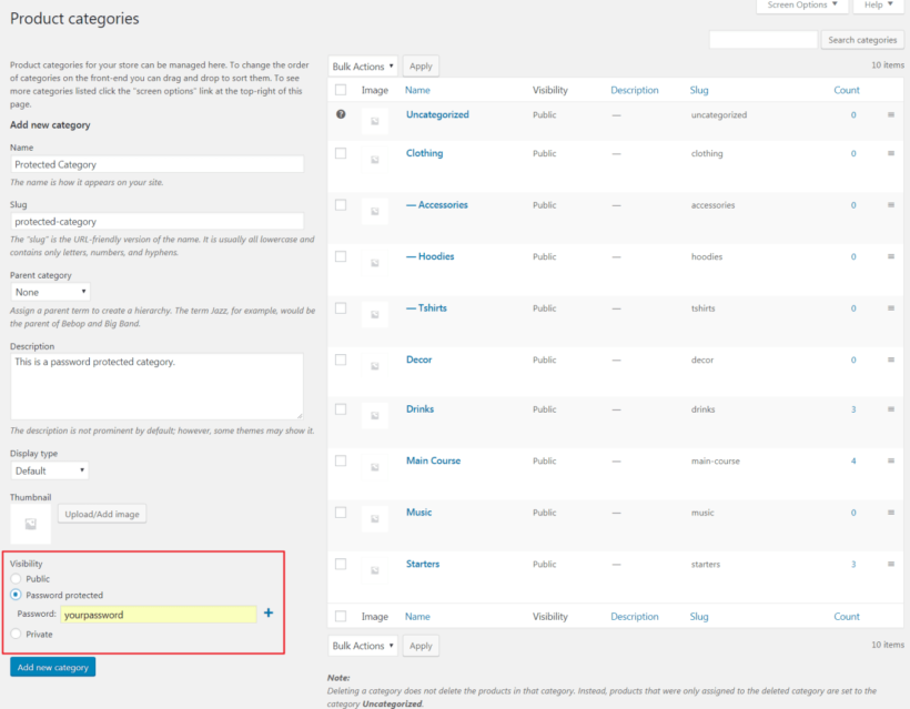 Product Categories screen in WooCommerce.