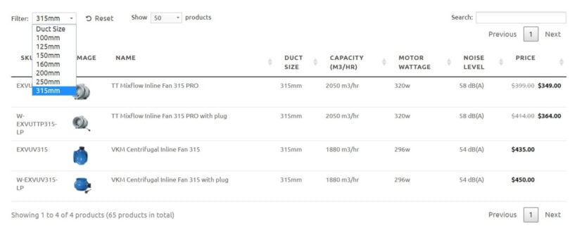 A WooCommerce product table filter.