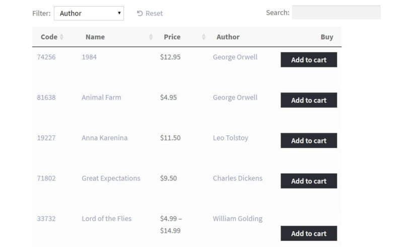 An example of a product table without images.