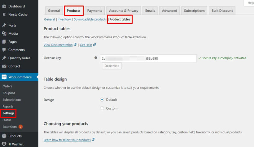 WooCommerce product table settings