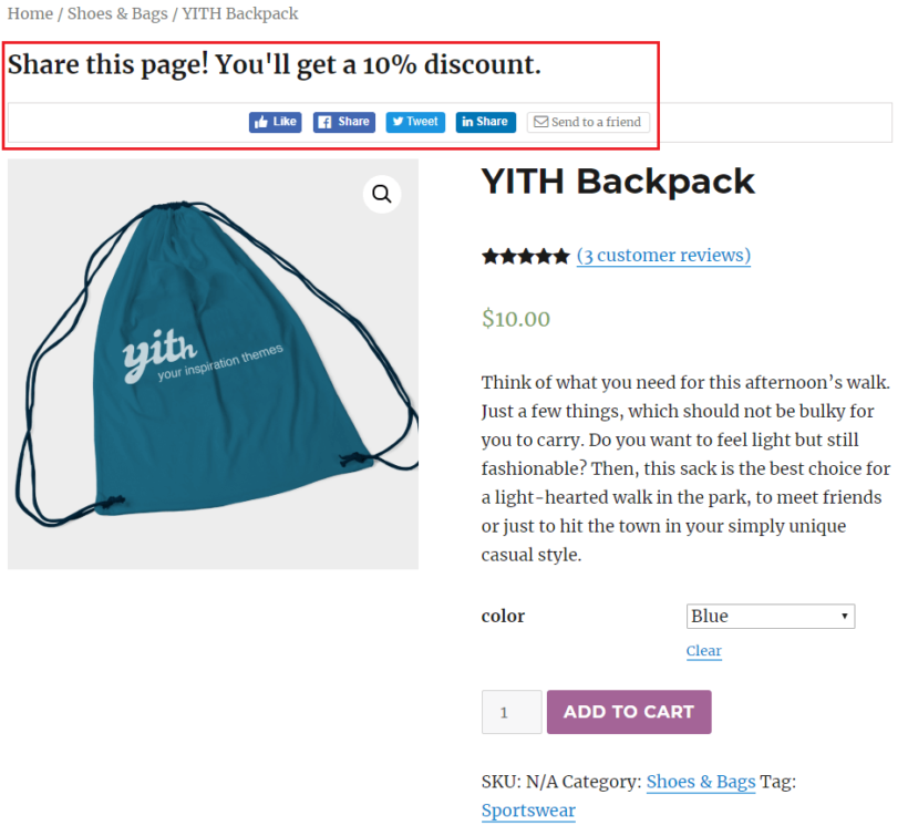 Front-end preview of the YITH WooCommerce Share for Discounts plugin with social share buttons