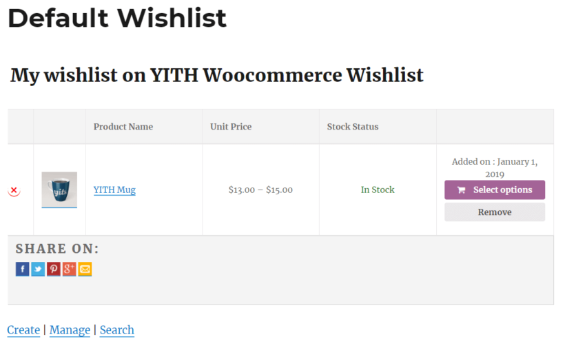 Front-end preview of the YITH WooCommerce Wishlist plugin