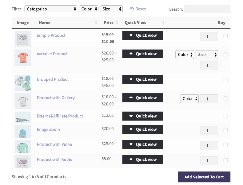 WooCommerce Product Table with quick view buttons