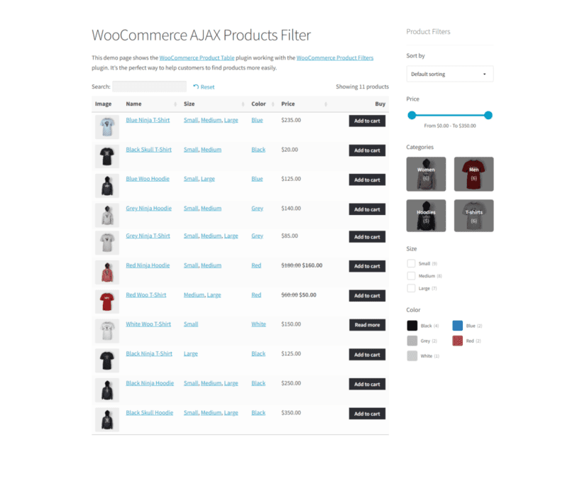 WooCommerce product filters with product table