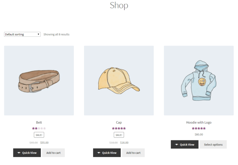 Main shop page in WooCommerce with Quick View links