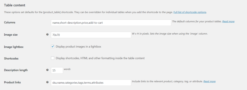 The WooCommerce Product Table column settings.