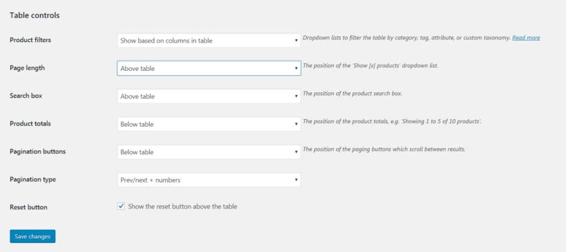 The WooCommerce Product Table controls settings.