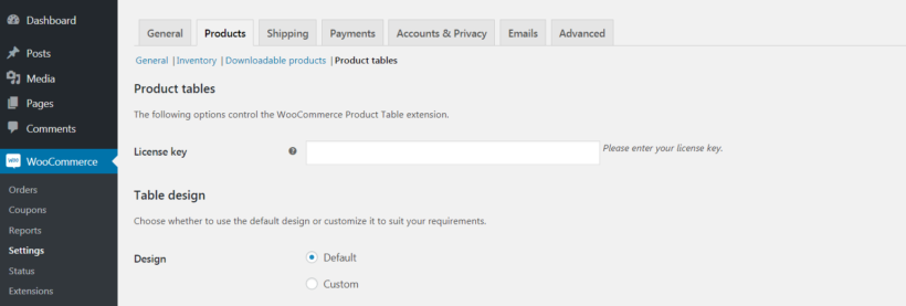 Activating the WooCommerce Product Table plugin.