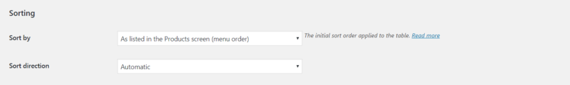 The WooCommerce Product Table sorting settings.