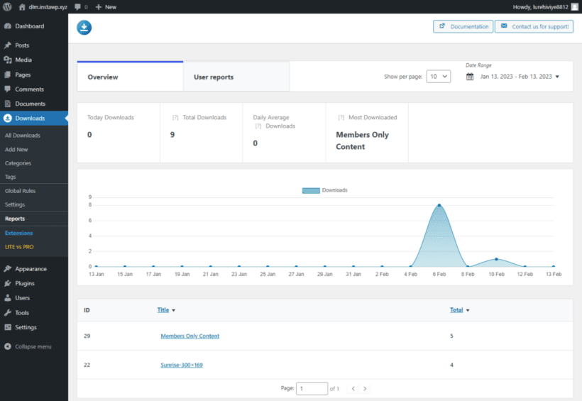 WordPress report download stats