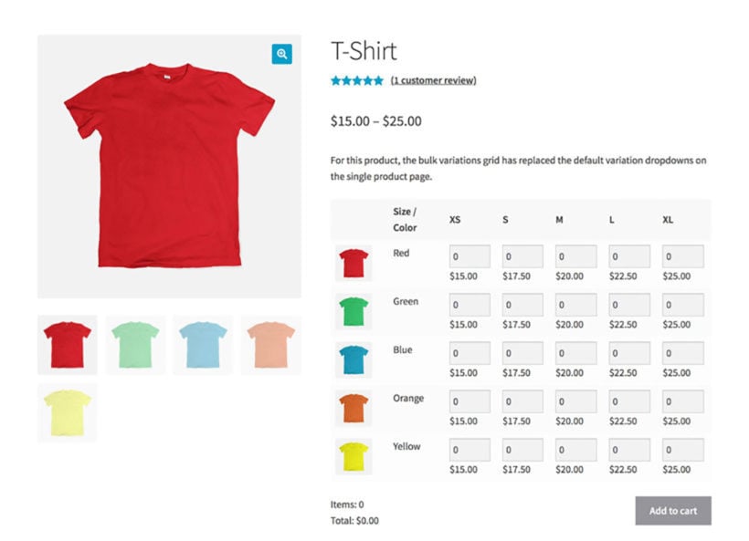 WooCommerce Bulk Variations single product page