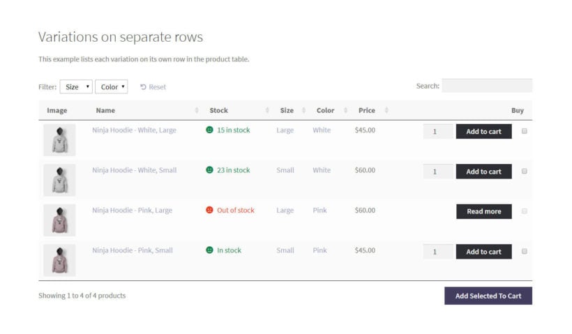 Product variations on separate rows.