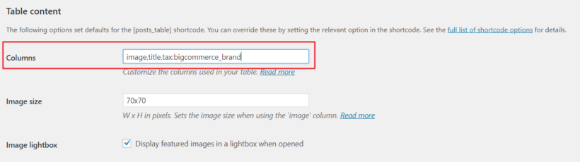Displaying basic columns in BigCommerce product table