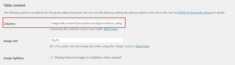 Displaying many columns in BigCommerce product table