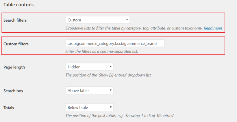 Posts Table Pro settings screen table controls options