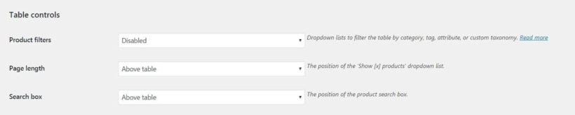 The WooCommerce Product Table controls options.