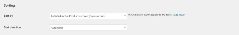 The WooCommerce Product Table sorting options.