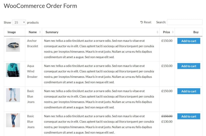 example of WooCommerce order form