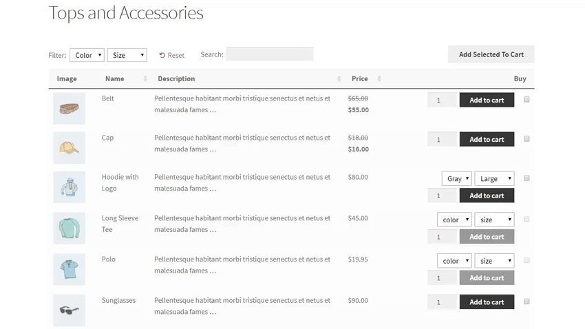 Displaying WooCommerce product variations in a table layout using WooCommerce Product Table