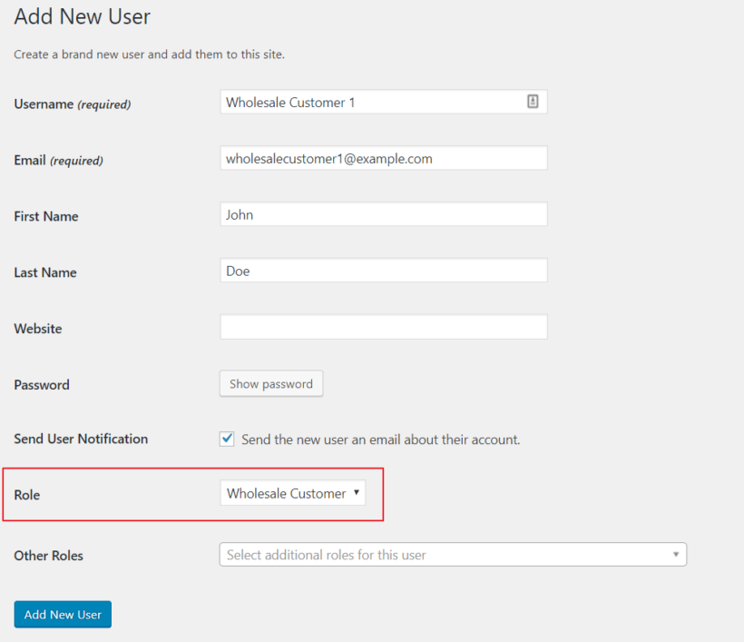 Create a user account for a wholesale customer.