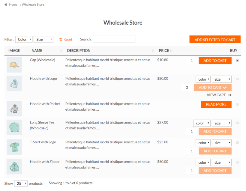 Front-end preview of the wholesale product table