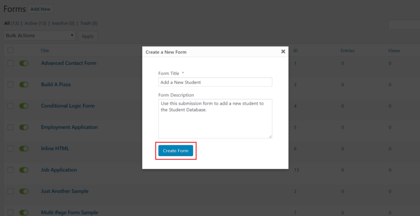 Add a new student using Gravity Forms