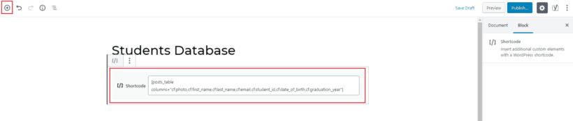 Posts Table Pro student database shortcode in Gutenberg