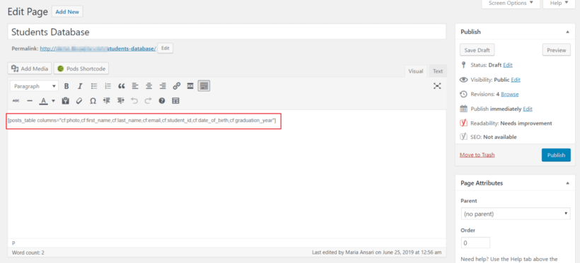 Posts Table Pro student database shortcode in classic editor