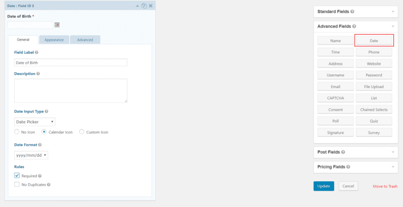 Gravity Forms form builder date field