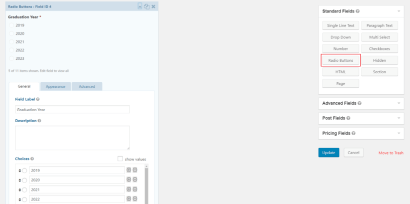 Gravity Forms form builder radioknoppen veld