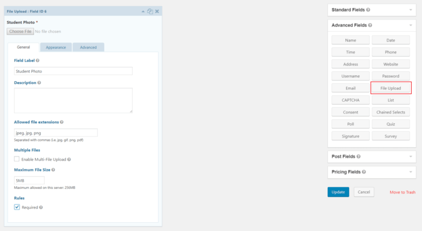 Gravity Forms form builder file upload field