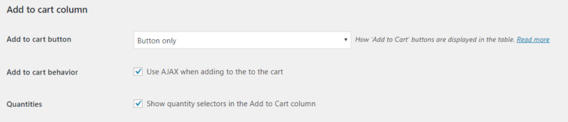 WooCommerce Product Table plugin's add to cart settings