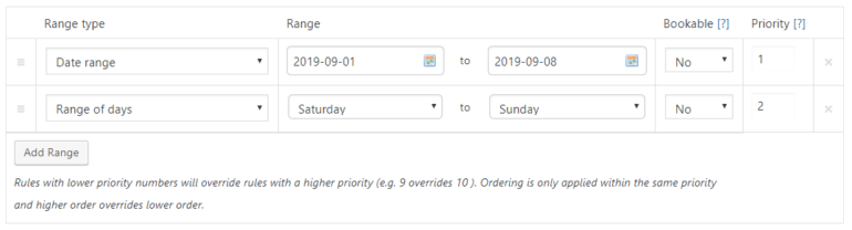 Option for setting availability based on a range