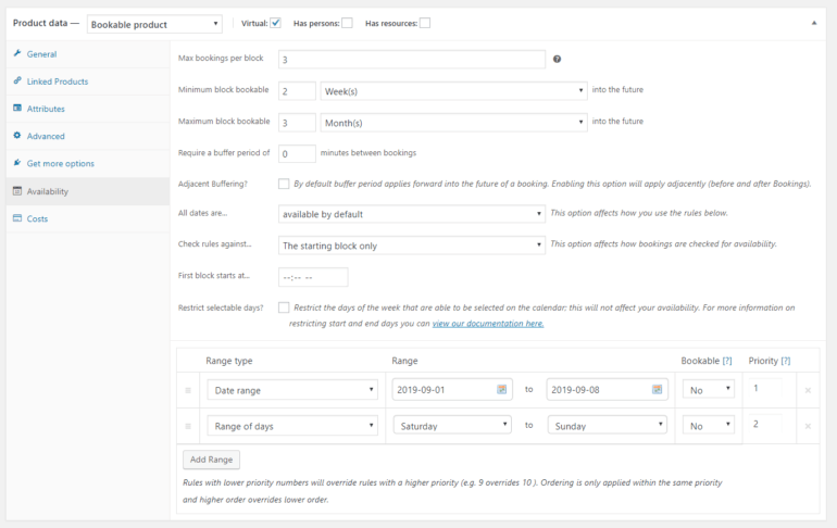 WooCommerce Bookings availability settings tab