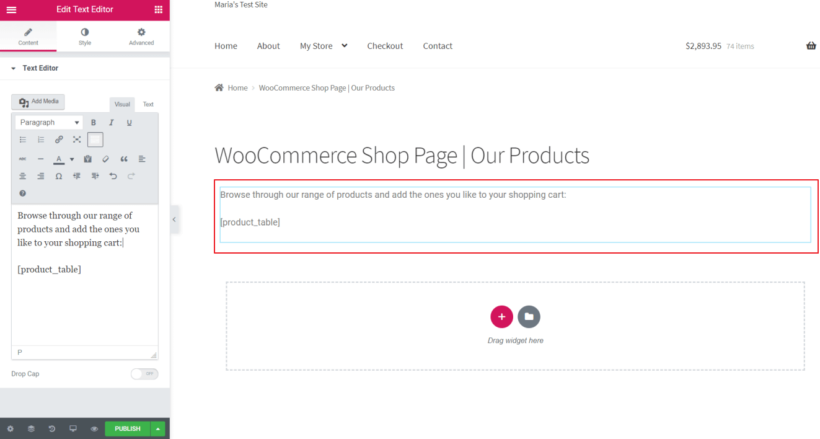 Adding the WooCommerce Product Table shortcode in Elementor