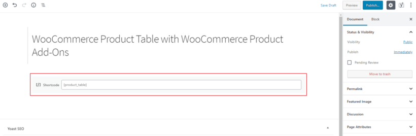 WooCommerce Product Table shortcode in the Gutenberg text editor