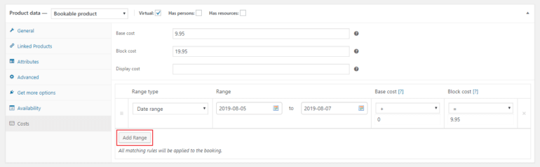 Option for setting costs based on a range