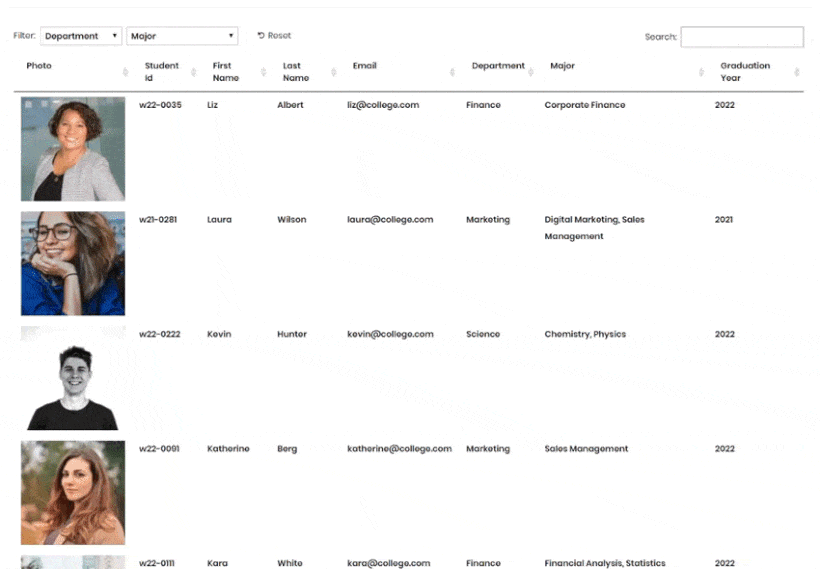 Preview of student database created using Posts Table Pro and Gravity Forms