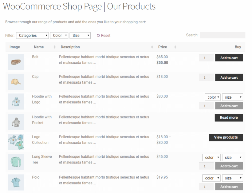 WooCommerce Product Table preview on the front-end