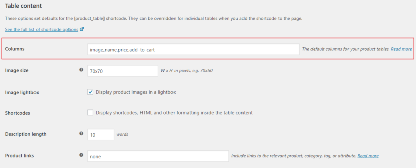 WooCommerce Product Table's table contents settings