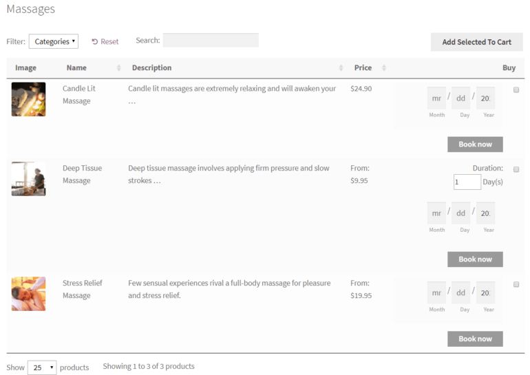 Preview of WooCommerce Bookings integration with WooCommerce Product Table