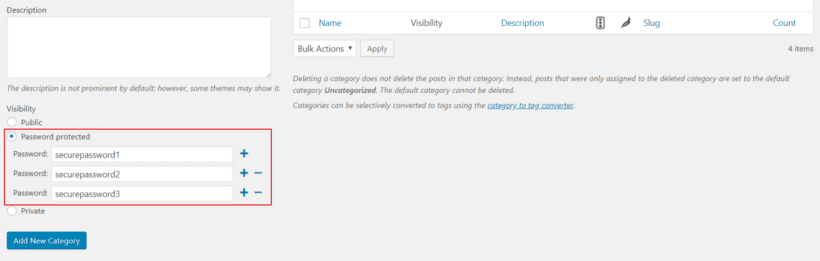 Assigning multiple passwords to a single parent category