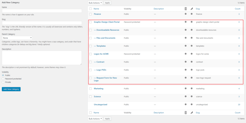 Examples of parent categories and sub-categories