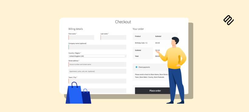 Illustration of a custom WooCommerce checkout page with shopping bags