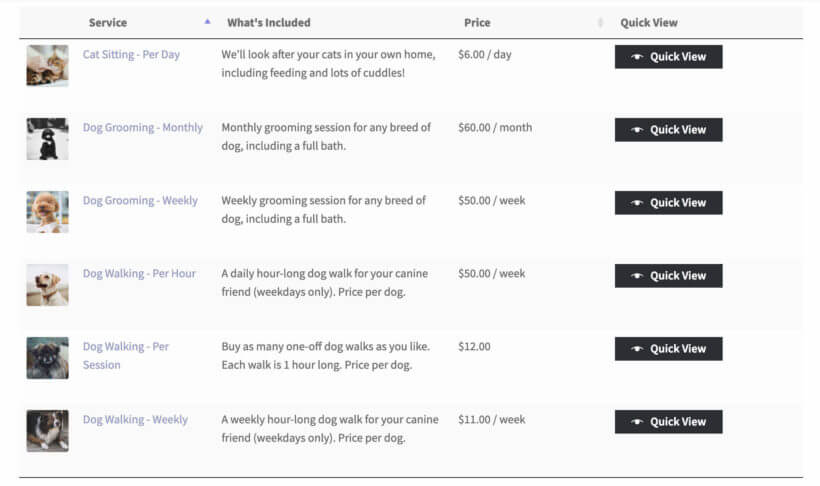 WooCommerce-product table quick view services with subscriptions plugin