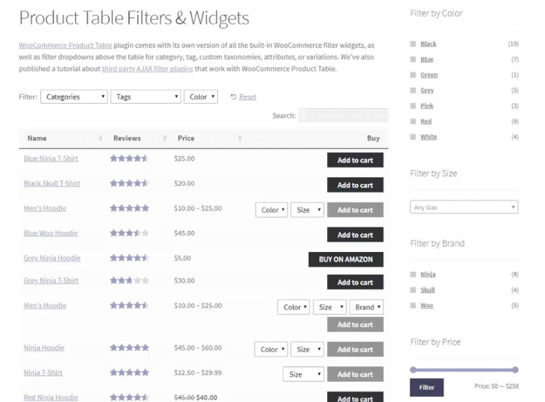 Preview of WooCommerce Product Table with WooCommerce product filters