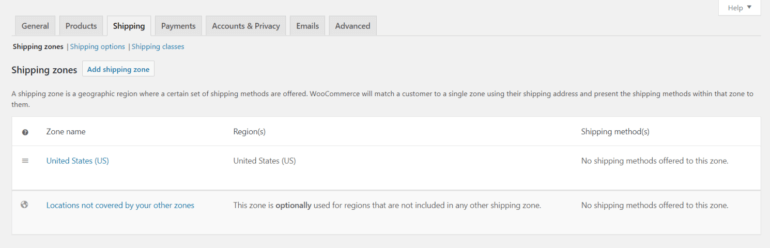 WooCommerce shipping zones settings