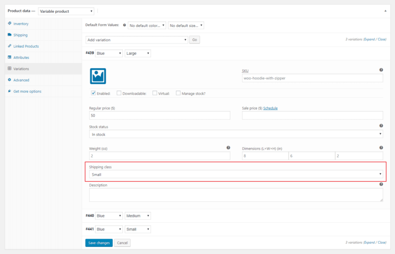 Add shipping classes to product variations
