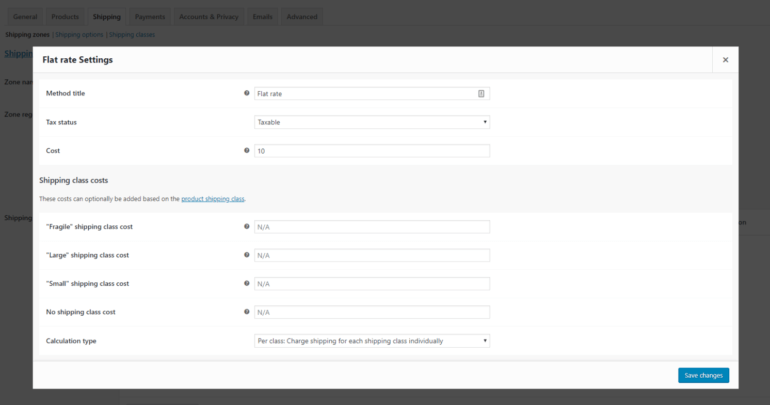 Advanced flat rate shipping settings with shipping classes