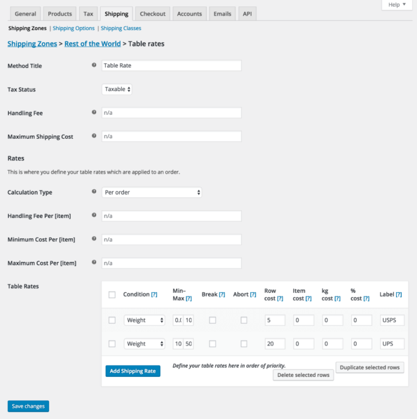 Table Rate Shipping settings screen